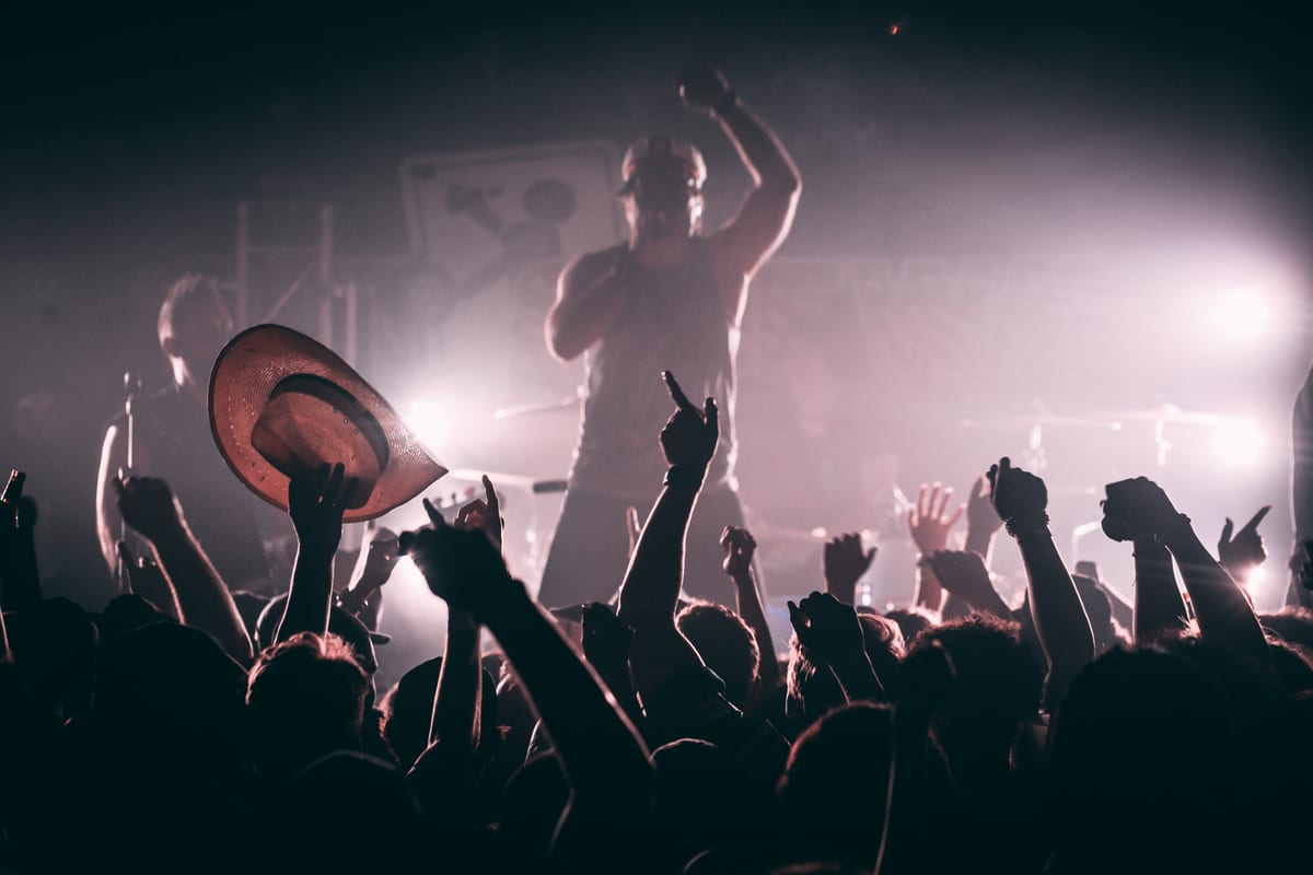 Silhouette of an energetic crowd enjoying a live concert with a performer on stage.