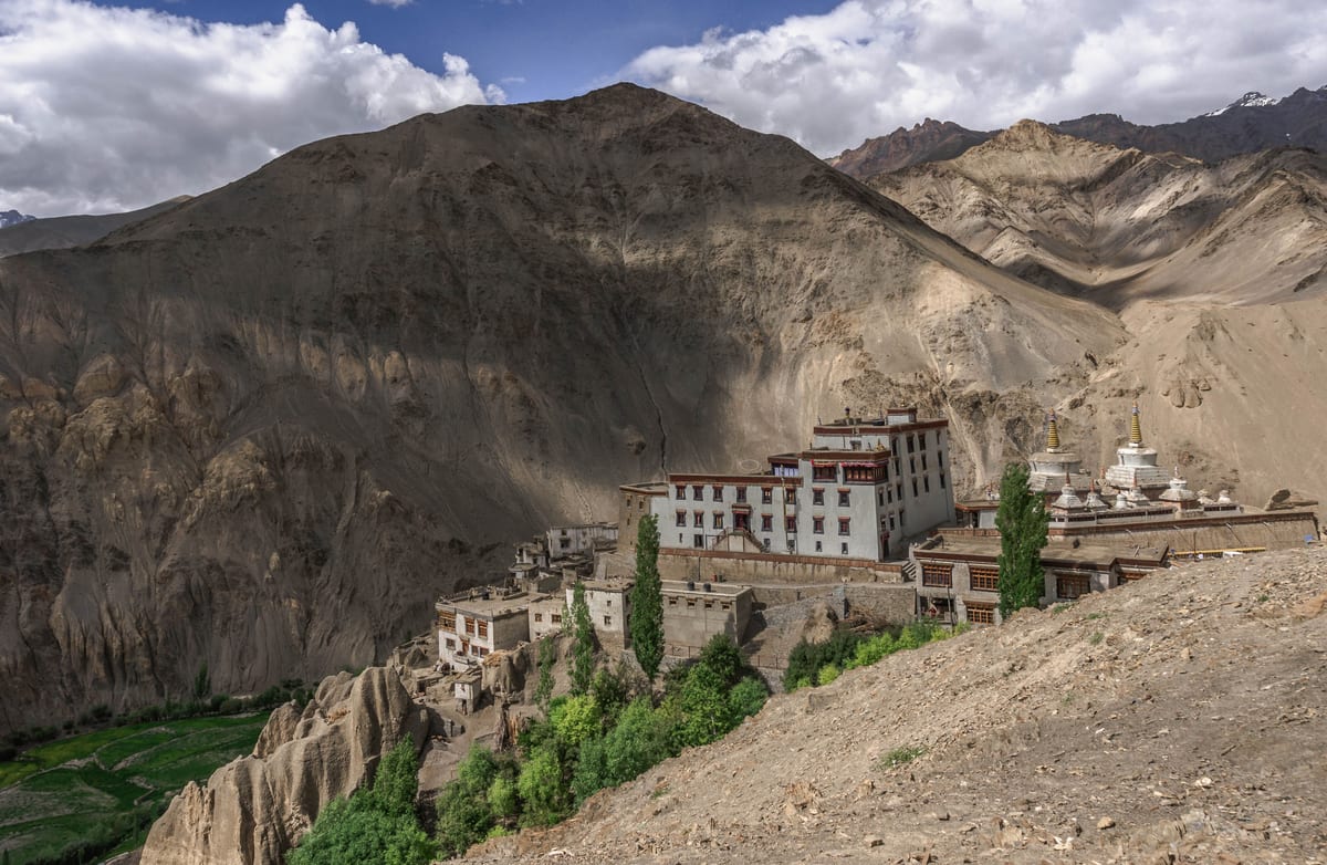 A stunning view of Lamayuru Monastery nestled in the rugged mountains of Leh.