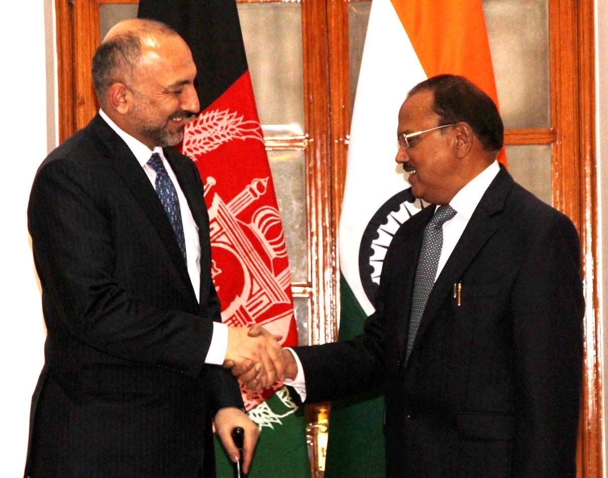The National Security Adviser, Shri Ajit Doval meeting the Afghan National Security Adviser, Mr. Mohammad Hanif Atmar, in New Delhi on November 08, 2015.