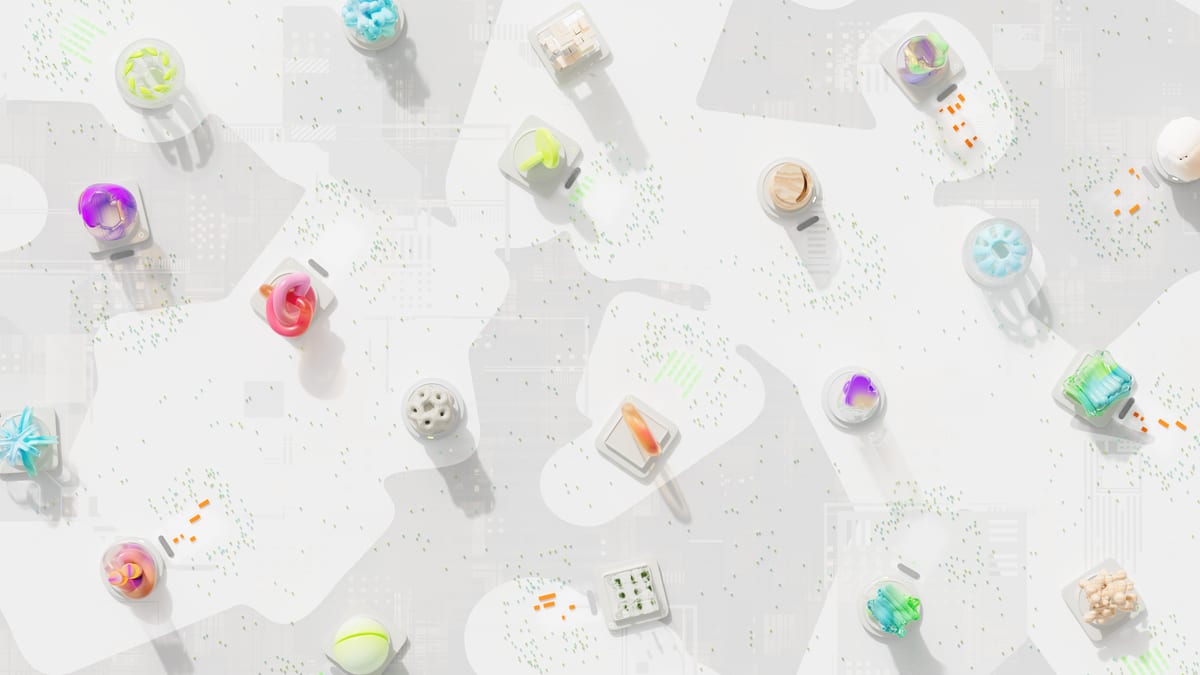A vibrant 3D render of geometric shapes scattered over a circuit-like background.
