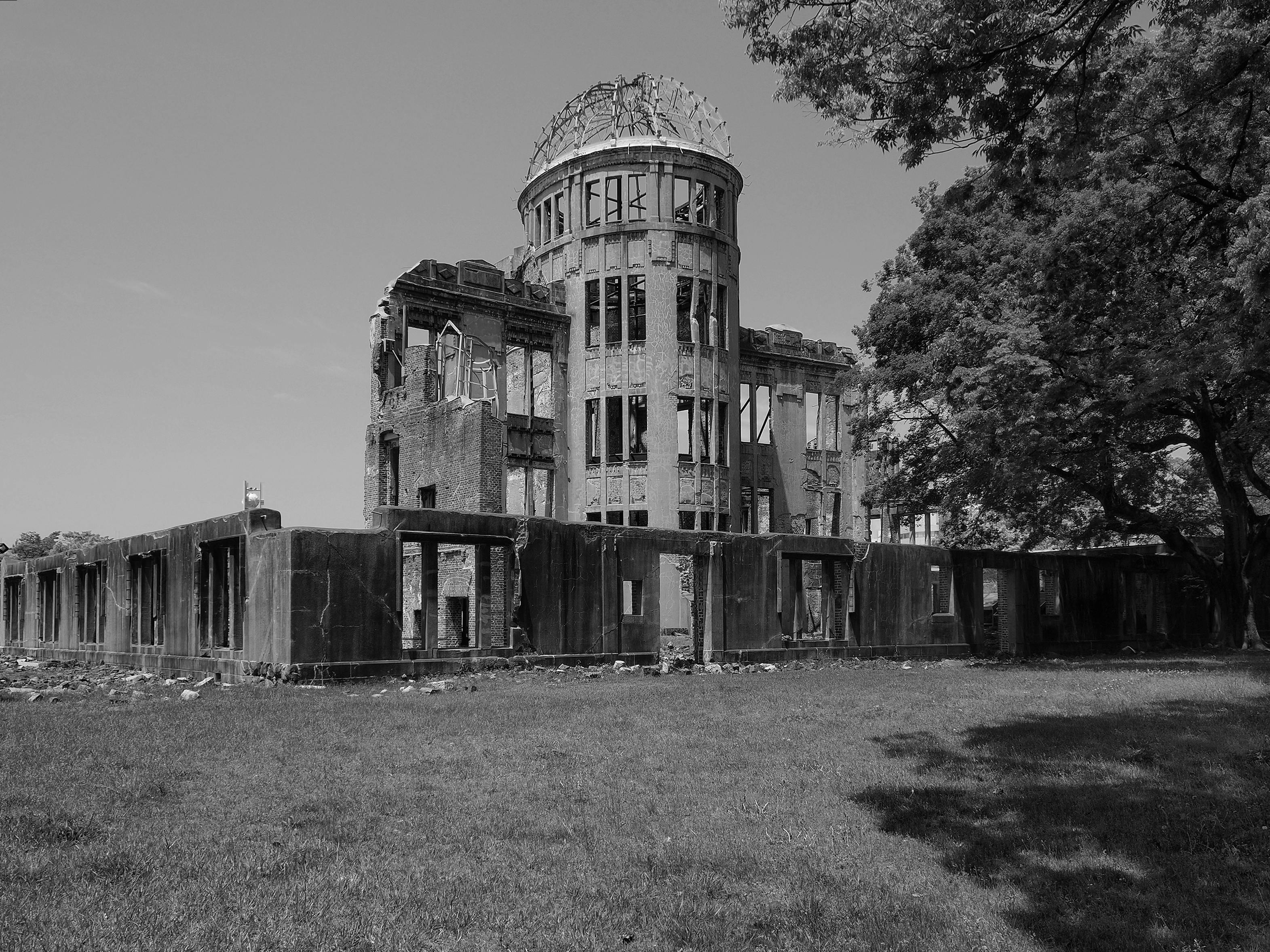 Black and white image of Hiroshima Peace Memorial symbolizing resilience.