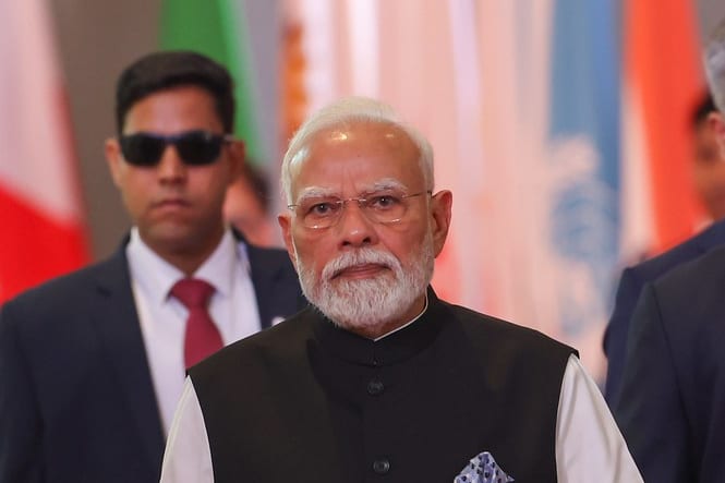 Prime Minister Narendra Modi arrives at Bharat Mandapam, New Delhi, to host the 18th BRICS Summit