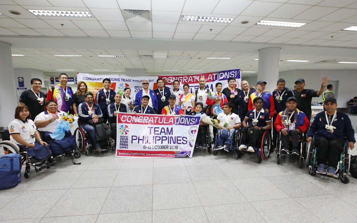 The first batch of athletes comprising the Philippine team to the 3rd Asian Para Games arrives at the Ninoy Aquino International Aiport (NAIA) Terminal 3,in Pasay City on Sunday (Oct. 14, 2018). The c