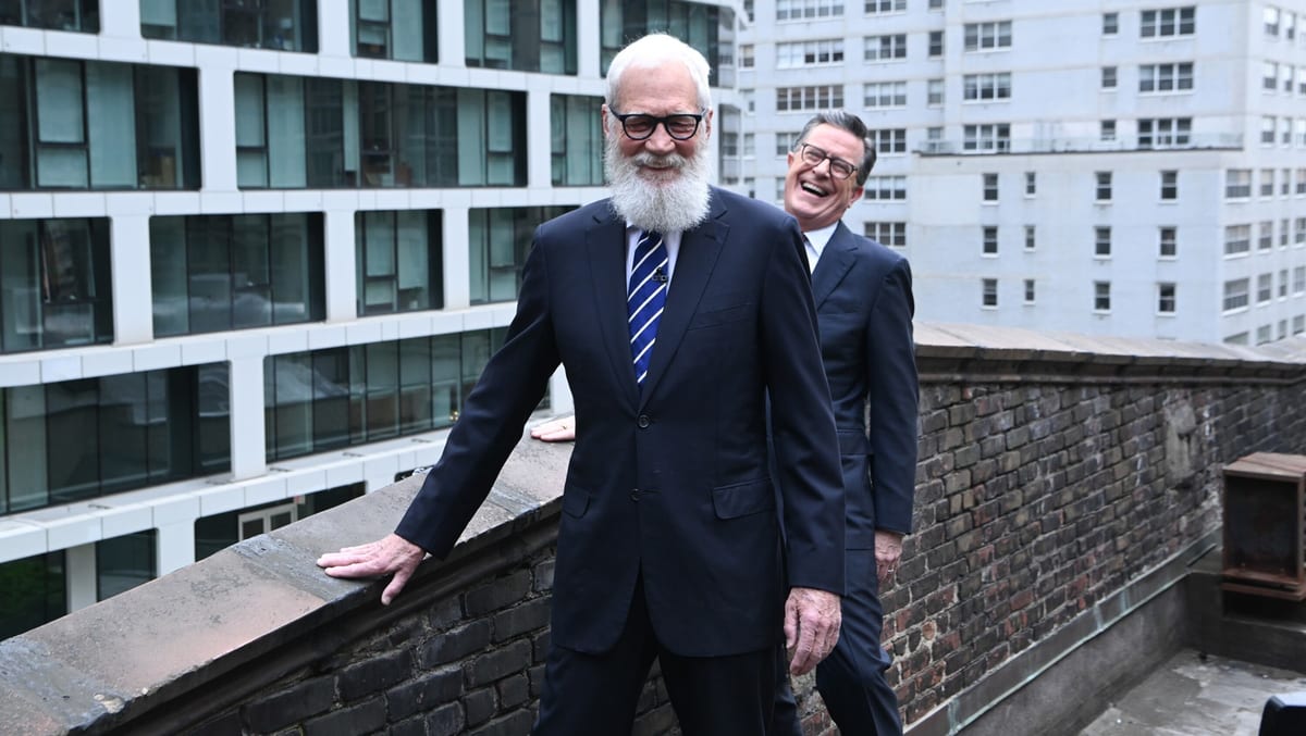 Letterman and Colbert Destroy CBS Property Off Rooftop