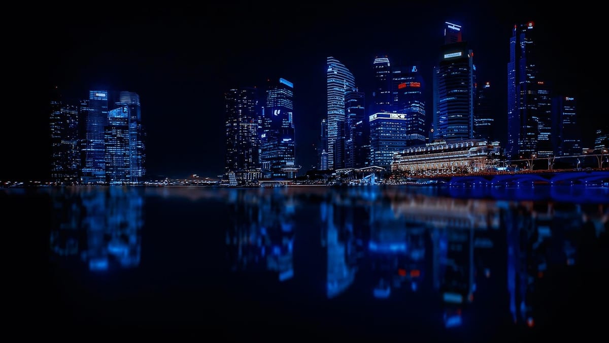 singapore, skyscrapers, city, modern city, nature, architecture, reflection, water, night, black city, black water, black night
