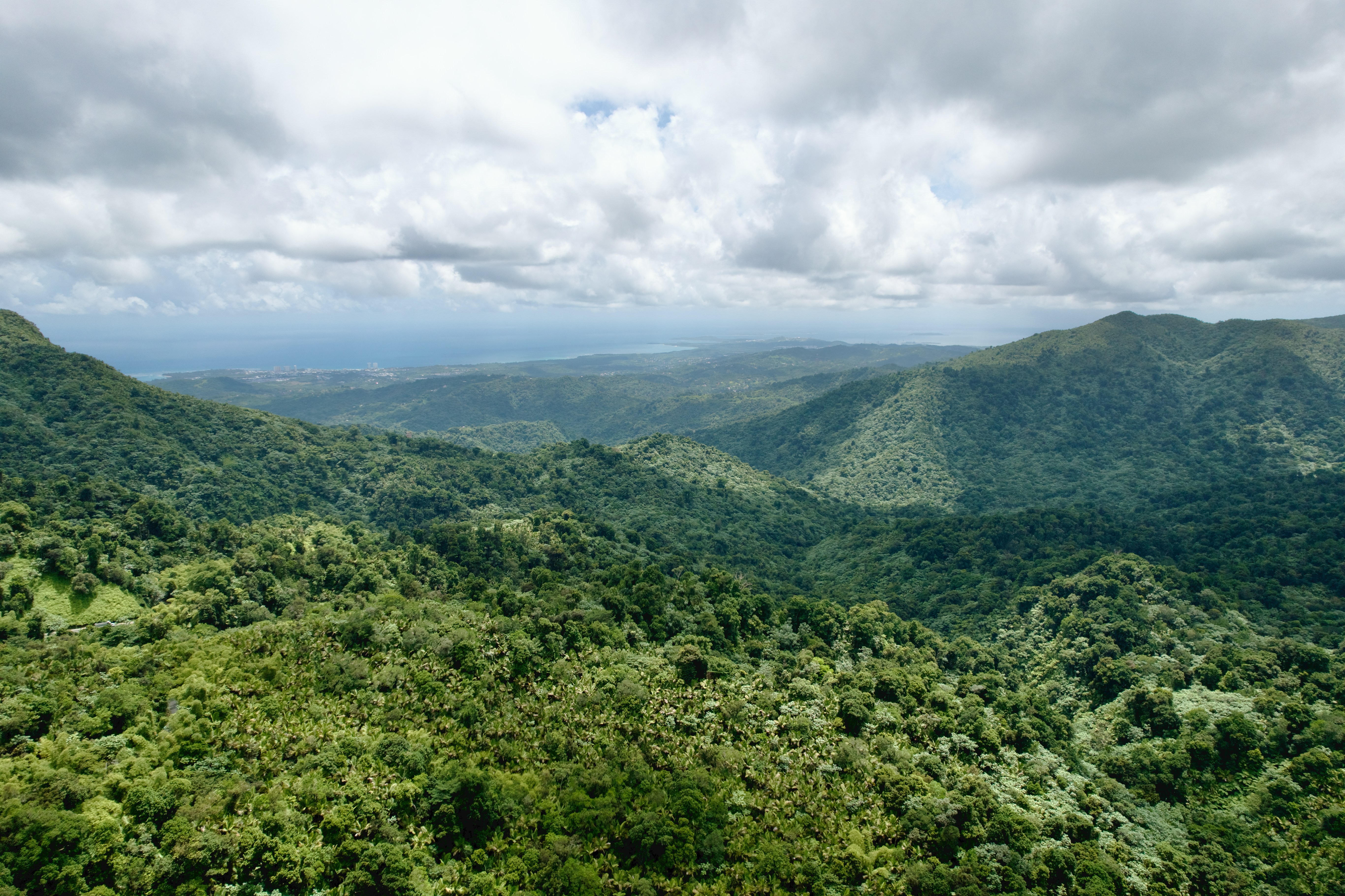 Lush green mountains under a cloudy sky