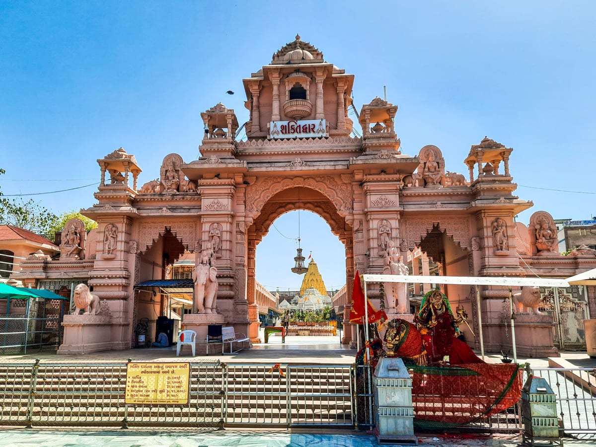 Stunning view of the Ambaji Temple entrance in Gujarat, a renowned Hindu landmark.
