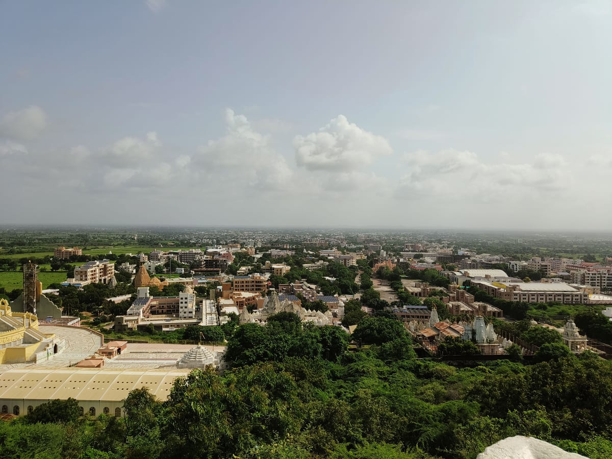 Aerial shot of Palitana, Gujarat, showcasing temples and lush greenery under a cloudy sky.