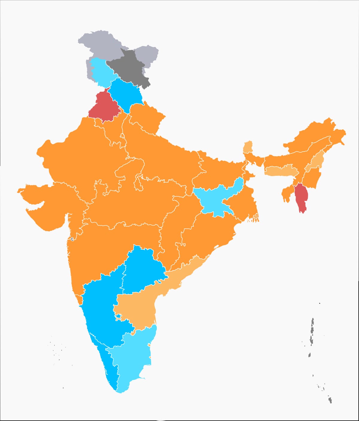 States and union territories of India by ruling party
BJP (or BJP-led NDA coalition) (Arunachal PradeshAssamBiharChhattisgarhDelhiGoaGujaratHaryanaMadhya PradeshMaharashtraManipurOdishaRajasthanTrip